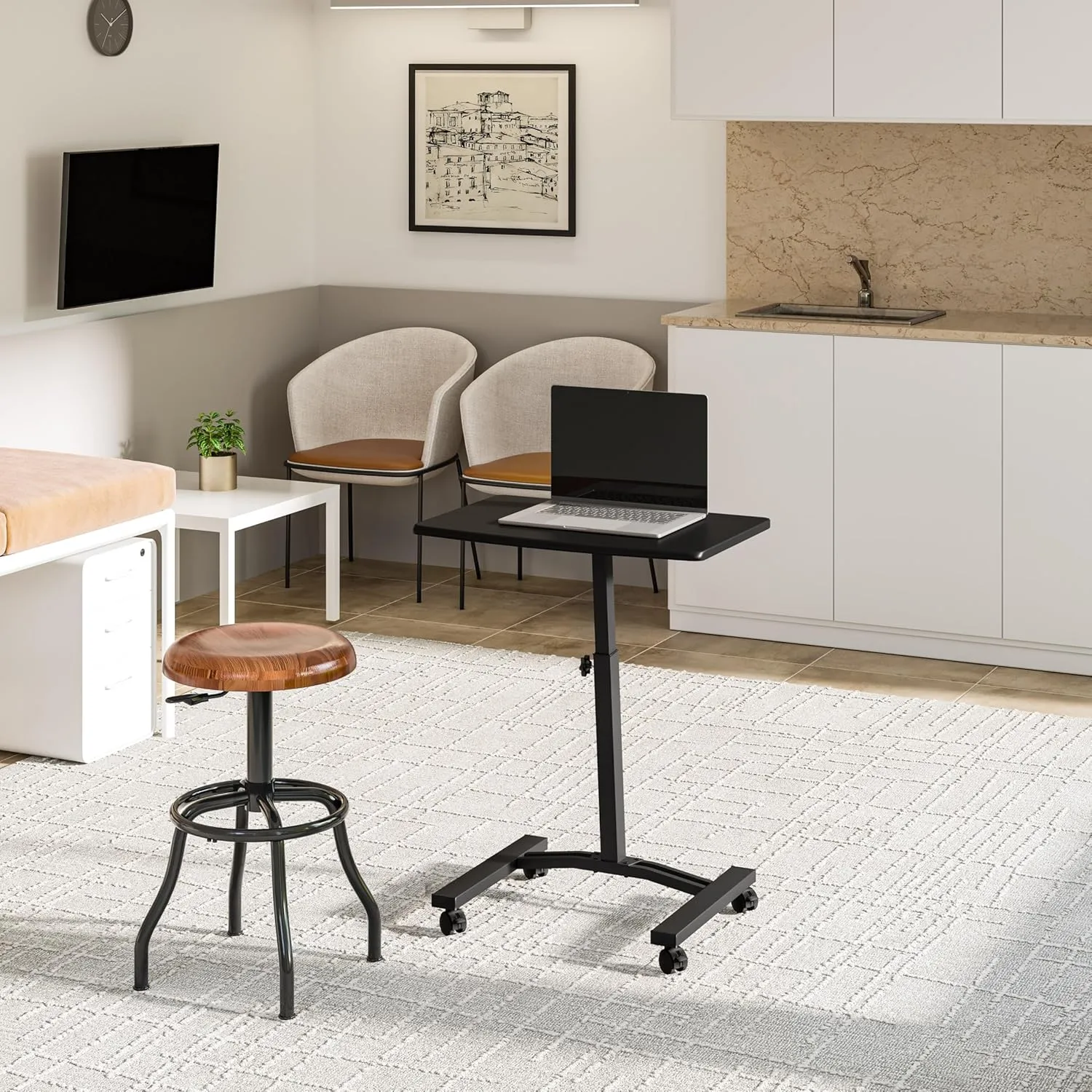 Seville Classics Airlift Mobile Height Adjustable Laptop Stand Computer Workstation for Sitting Classroom Home Office Medical Table w/Wheels, Flat Desk 24", Black