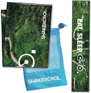 SHAKEitCOOL Original Cooling Towel – Be Cool in Style - Heat Relief, Soft, Lightweight, Sun Protection, Easy Clean - Perfect for Biking, Running, Yoga, Gym, Gardening - Eat.Sleep.Bike