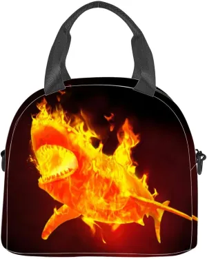 Shark Flames Insulated Adult Lunch Bag with Shoulder Strap for Women Lightweight Reusable Portable Freezable Lunch Tote Bag for Work Picnic
