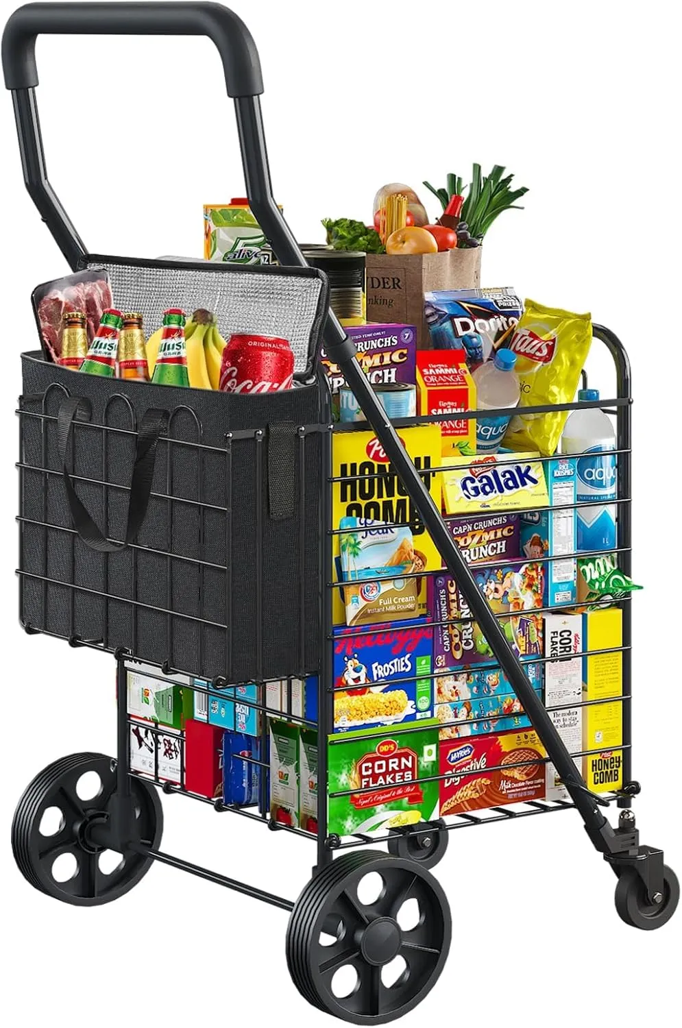 Shopping Cart for Groceries, Folding Utility Cart with Waterproof Insulated Cooler Bag, 360° Swivel Wheels Height Adjustable Portable Grocery Cart for Condo Laundry Transport Trip