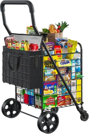 Shopping Cart for Groceries, Folding Utility Cart with Waterproof Insulated Cooler Bag, 360° Swivel Wheels Height Adjustable Portable Grocery Cart for Condo Laundry Transport Trip