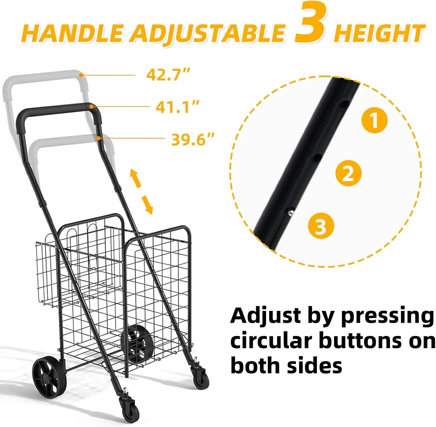 Shopping Cart for Groceries, Folding Utility Cart with Waterproof Insulated Cooler Bag, 360° Swivel Wheels Height Adjustable Portable Grocery Cart for Condo Laundry Transport Trip