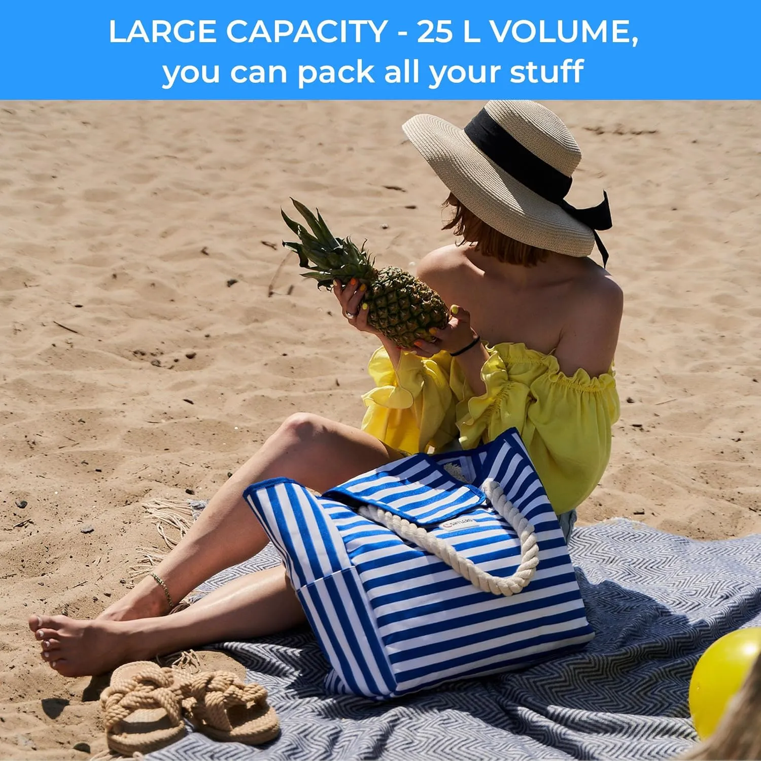 SHYLERO Beach Bag and Pool Bag Has Airtight Pouch, Magnetic Snap Closure. Beach Tote is Water Resistant. Family Size