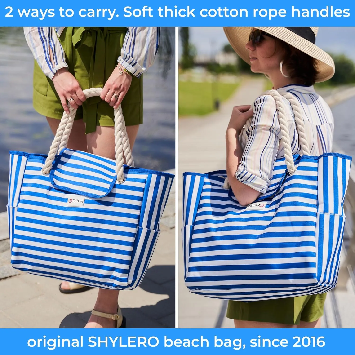 SHYLERO Beach Bag and Pool Bag Has Airtight Pouch, Magnetic Snap Closure. Beach Tote is Water Resistant. Family Size