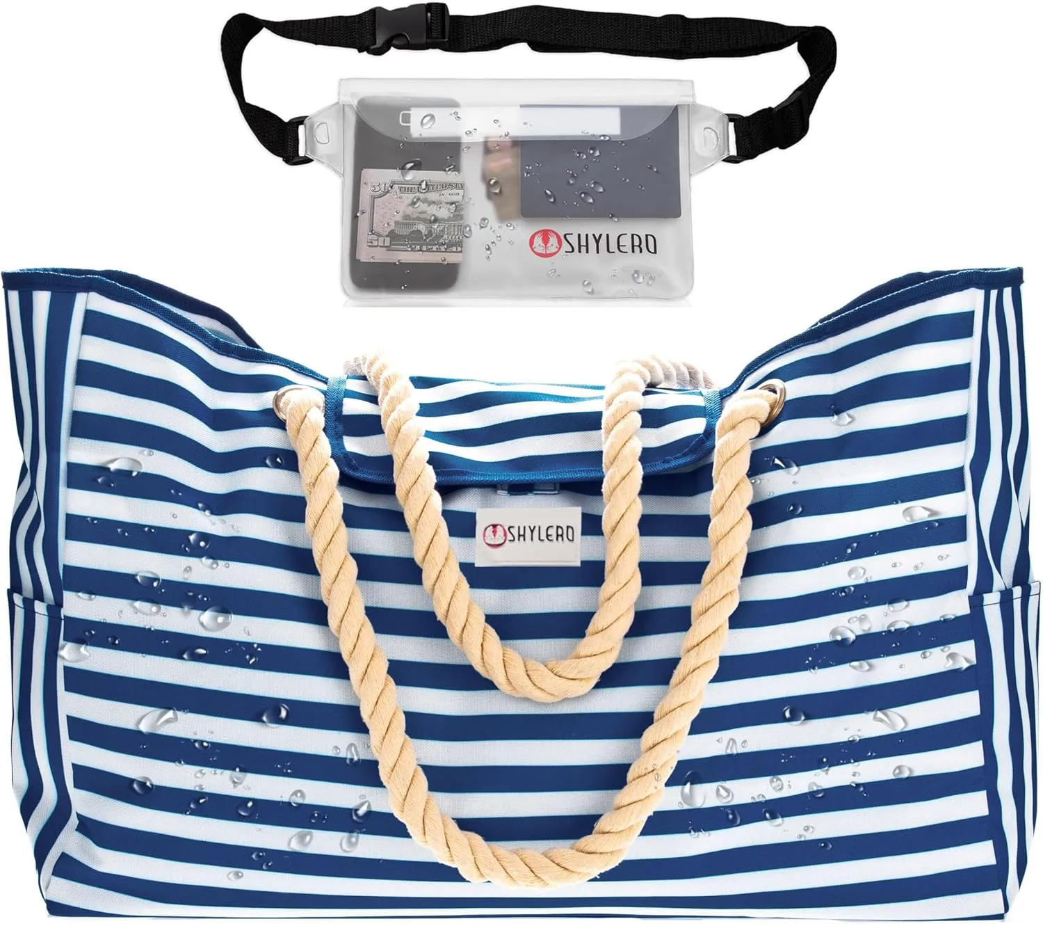 SHYLERO Beach Bag and Pool Bag Has Airtight Pouch, Magnetic Snap Closure. Beach Tote is Water Resistant. Family Size