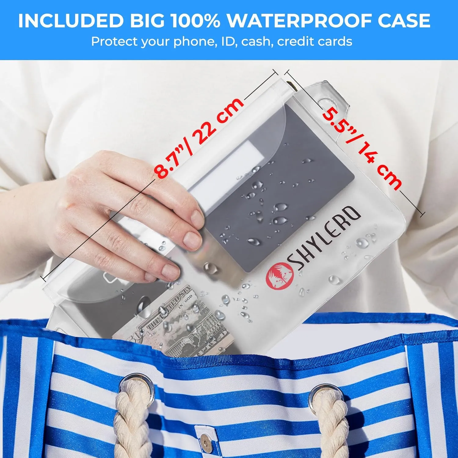 SHYLERO Beach Bag and Pool Bag Has Airtight Pouch, Magnetic Snap Closure. Beach Tote is Water Resistant. Family Size