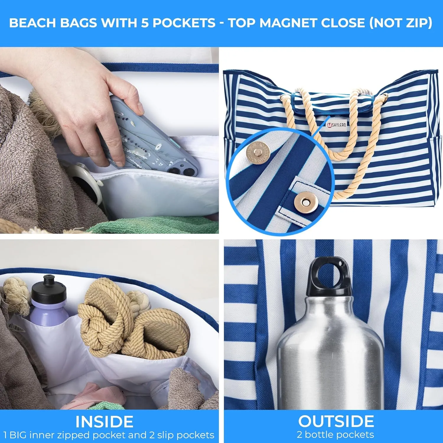 SHYLERO Beach Bag and Pool Bag Has Airtight Pouch, Magnetic Snap Closure. Beach Tote is Water Resistant. Family Size