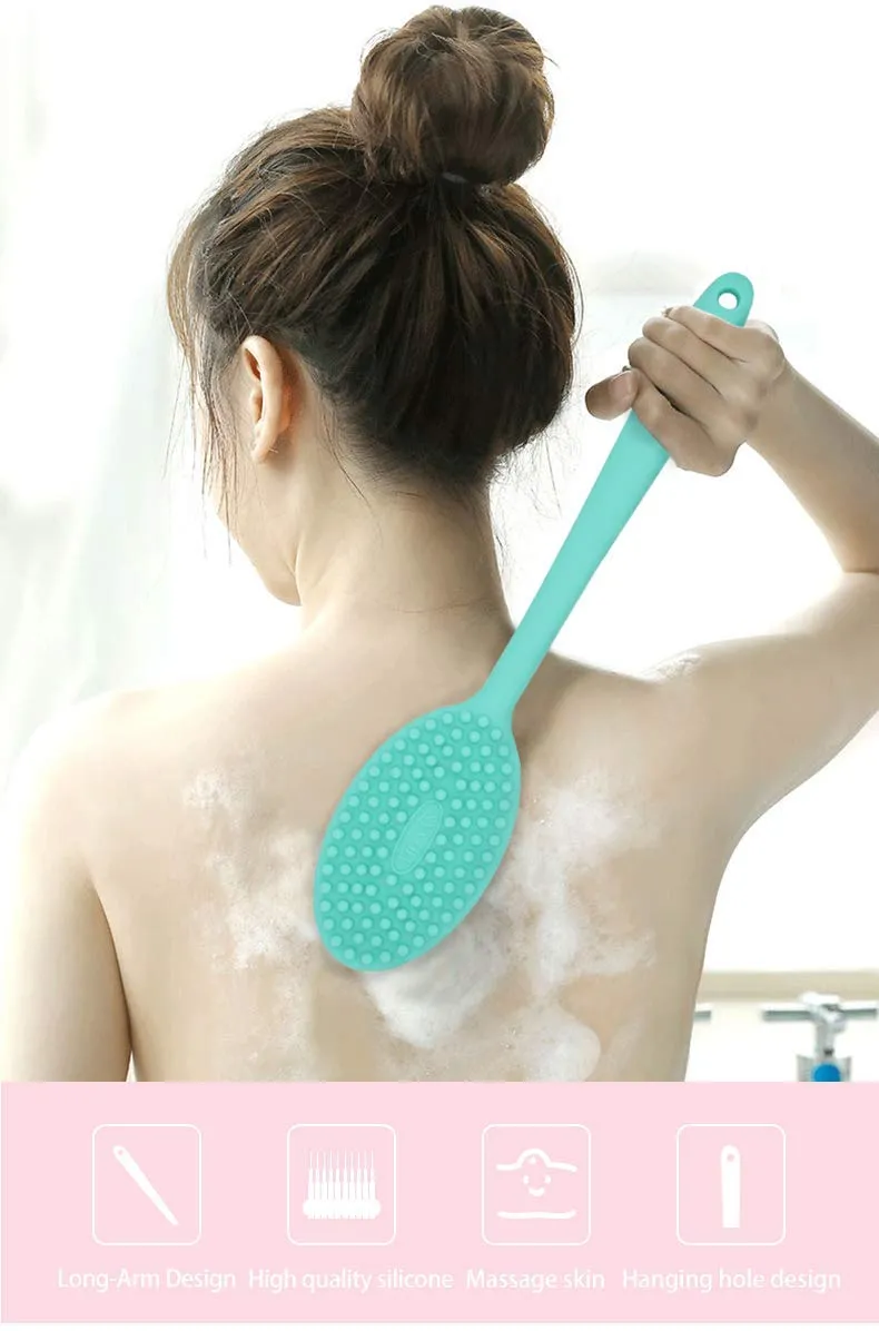 Silicone Back Scrubber Bath Body Shower Brush with Long Handle (Green)