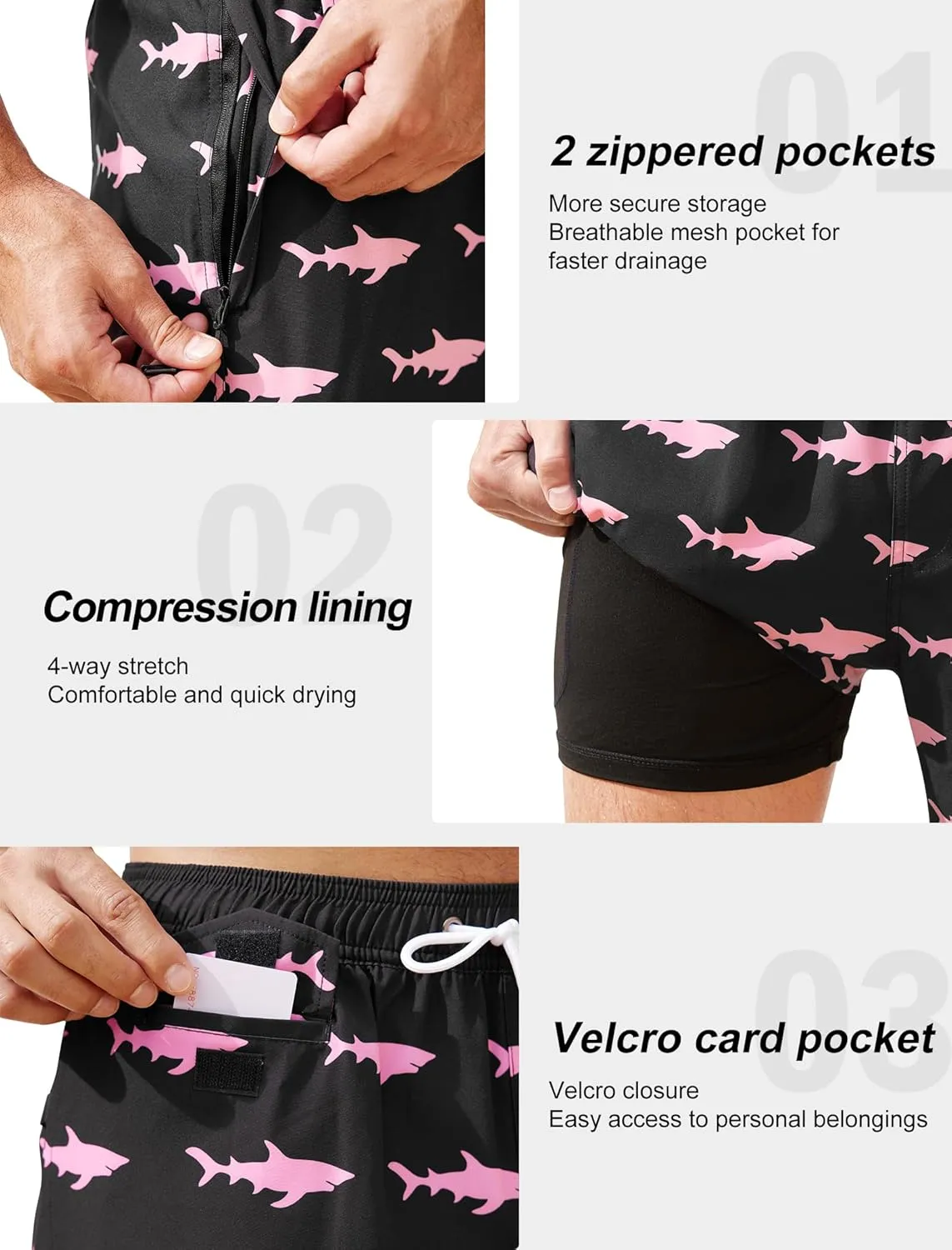 SILKWORLD Mens Swim Trunks with Compression Quick Dry Bathing Suit 6" Swimming Shorts Stretch with Zipper Pockets