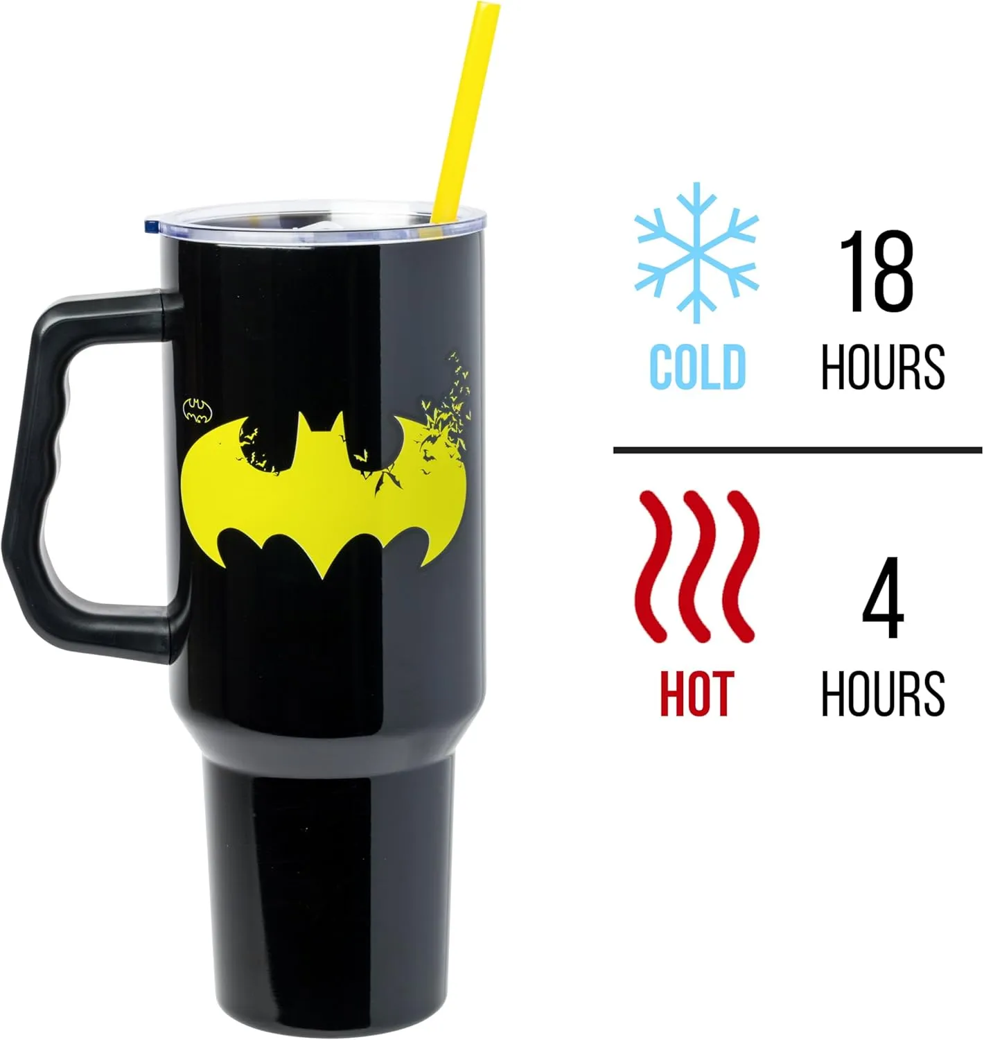 Silver Buffalo DC Comics Batman Logo Stainless Steel Tumbler with Handle and Straw, Fits in Standard Cup Holder, 40 Ounces