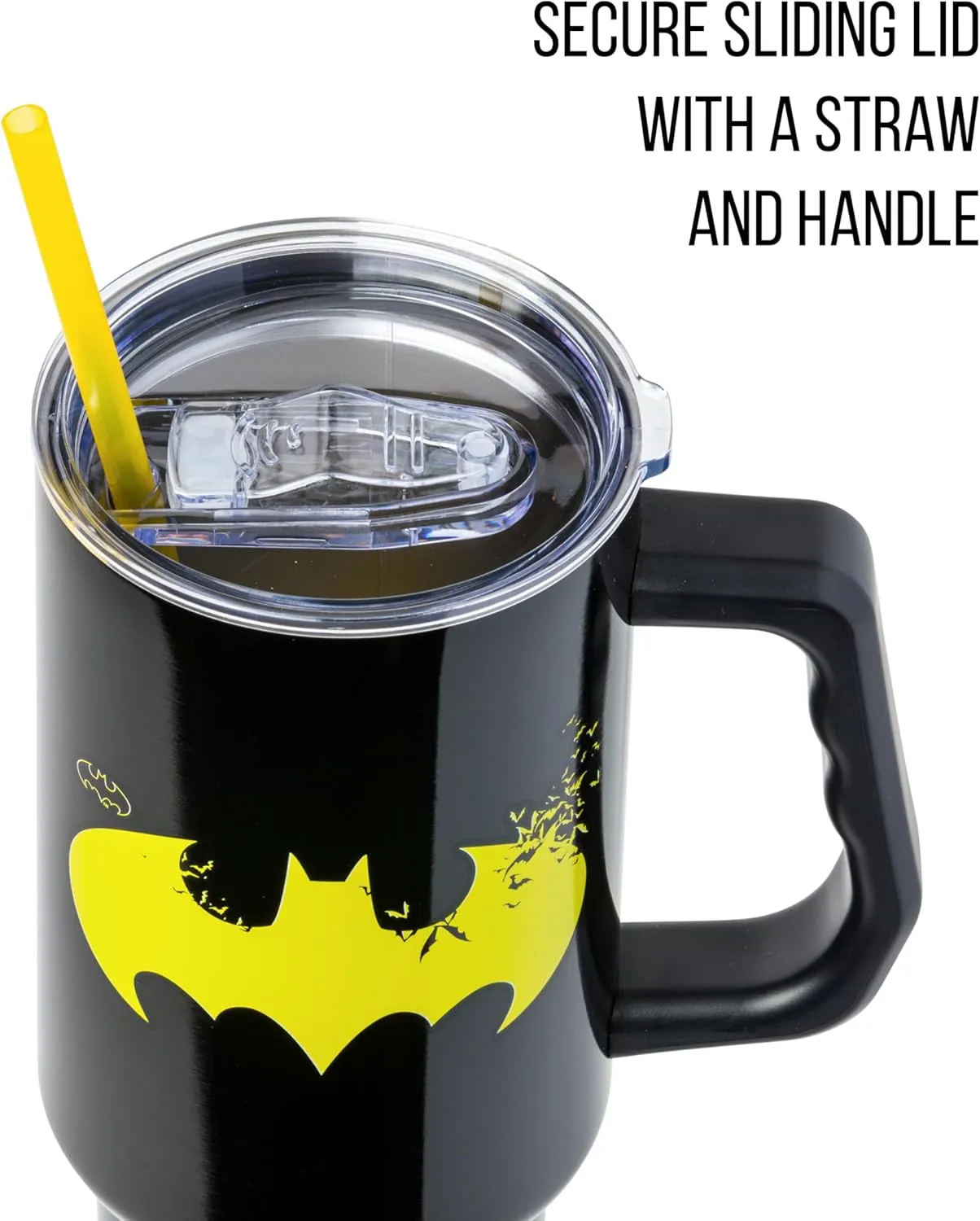 Silver Buffalo DC Comics Batman Logo Stainless Steel Tumbler with Handle and Straw, Fits in Standard Cup Holder, 40 Ounces