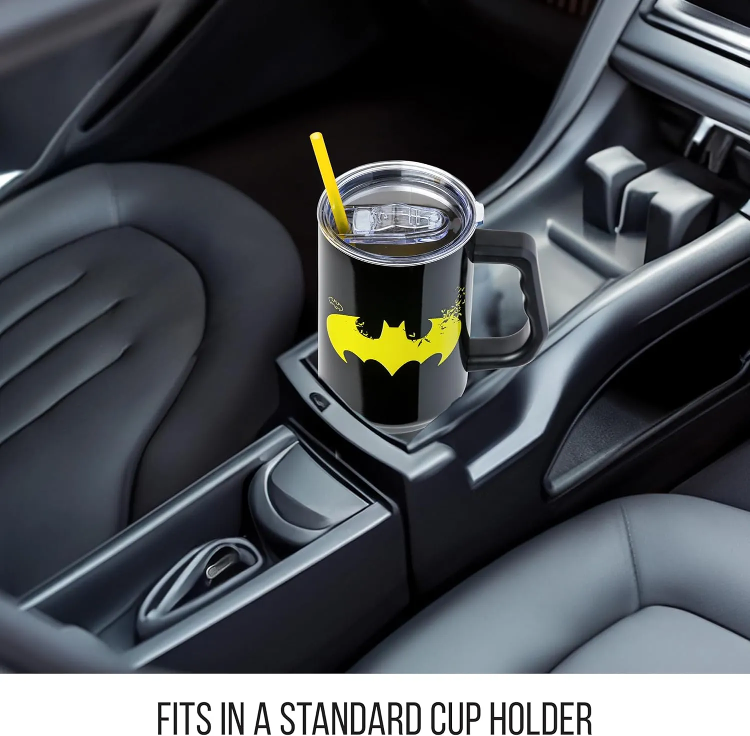 Silver Buffalo DC Comics Batman Logo Stainless Steel Tumbler with Handle and Straw, Fits in Standard Cup Holder, 40 Ounces