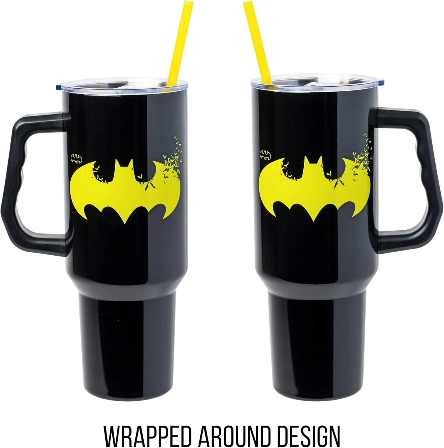 Silver Buffalo DC Comics Batman Logo Stainless Steel Tumbler with Handle and Straw, Fits in Standard Cup Holder, 40 Ounces