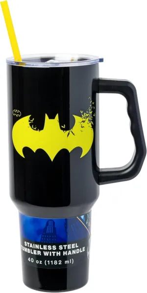 Silver Buffalo DC Comics Batman Logo Stainless Steel Tumbler with Handle and Straw, Fits in Standard Cup Holder, 40 Ounces