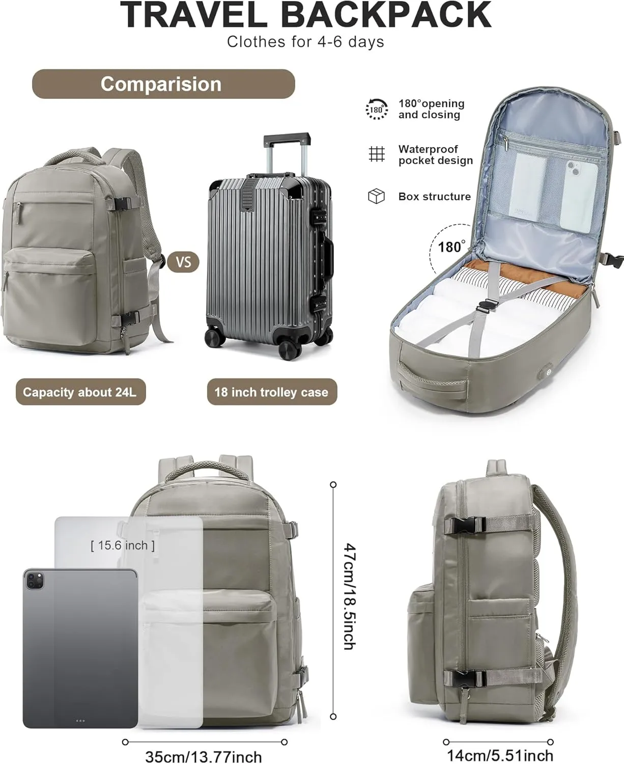 Simple Travel Backpack For Women Men,Carry on Backpack for Traveling on Airplane,Mochila de Viaje,Frontier Airlines Personal Item Travel Bag,Waterproof Luggage Backpack with USB Charging Port(Gray)