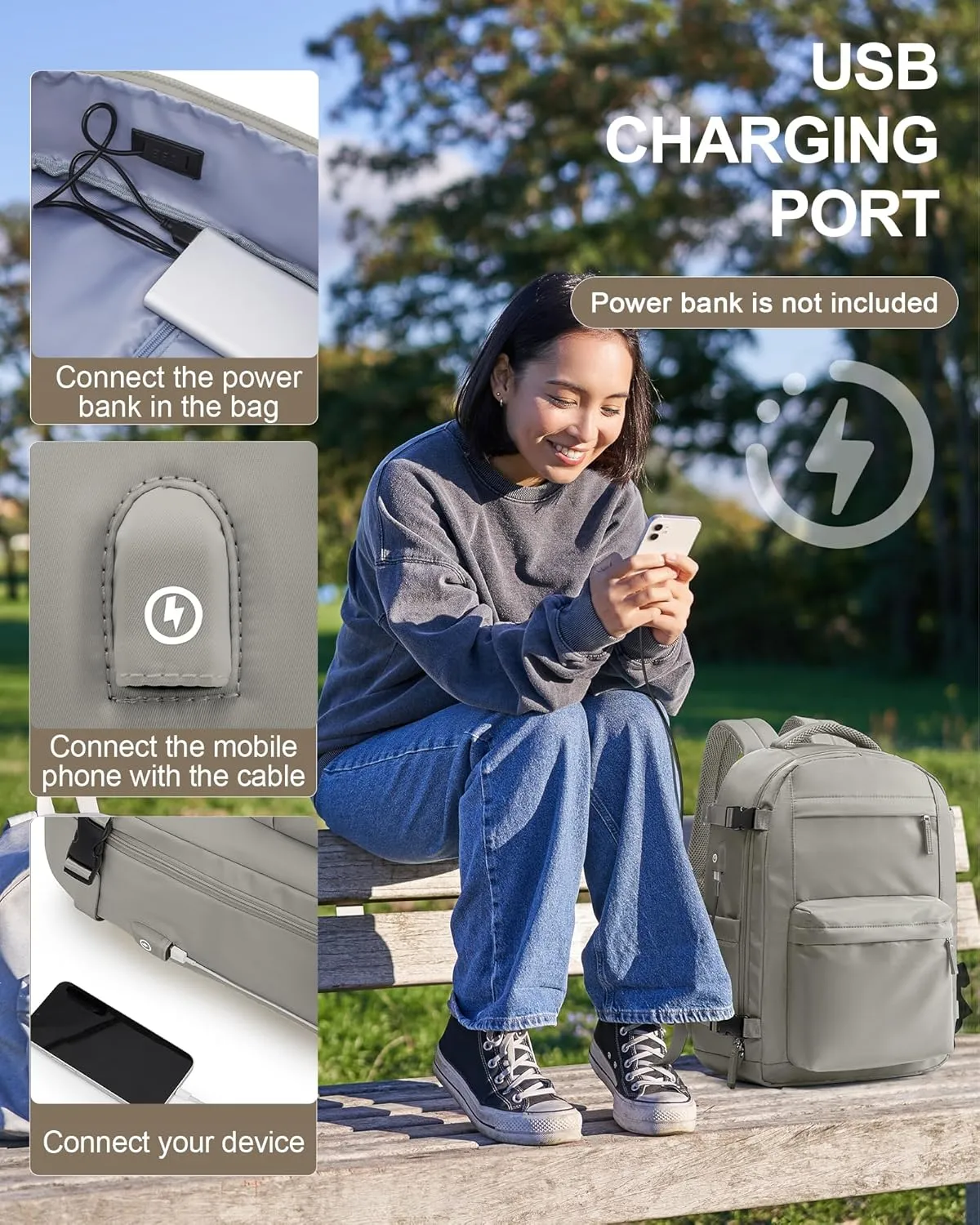 Simple Travel Backpack For Women Men,Carry on Backpack for Traveling on Airplane,Mochila de Viaje,Frontier Airlines Personal Item Travel Bag,Waterproof Luggage Backpack with USB Charging Port(Gray)