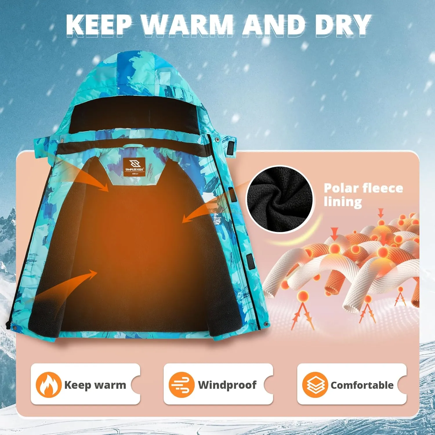 Simplee kids Boy Winter Coat Waterproof Ski Jacket Fleece Hooded Snow Warm Padded Raincoats