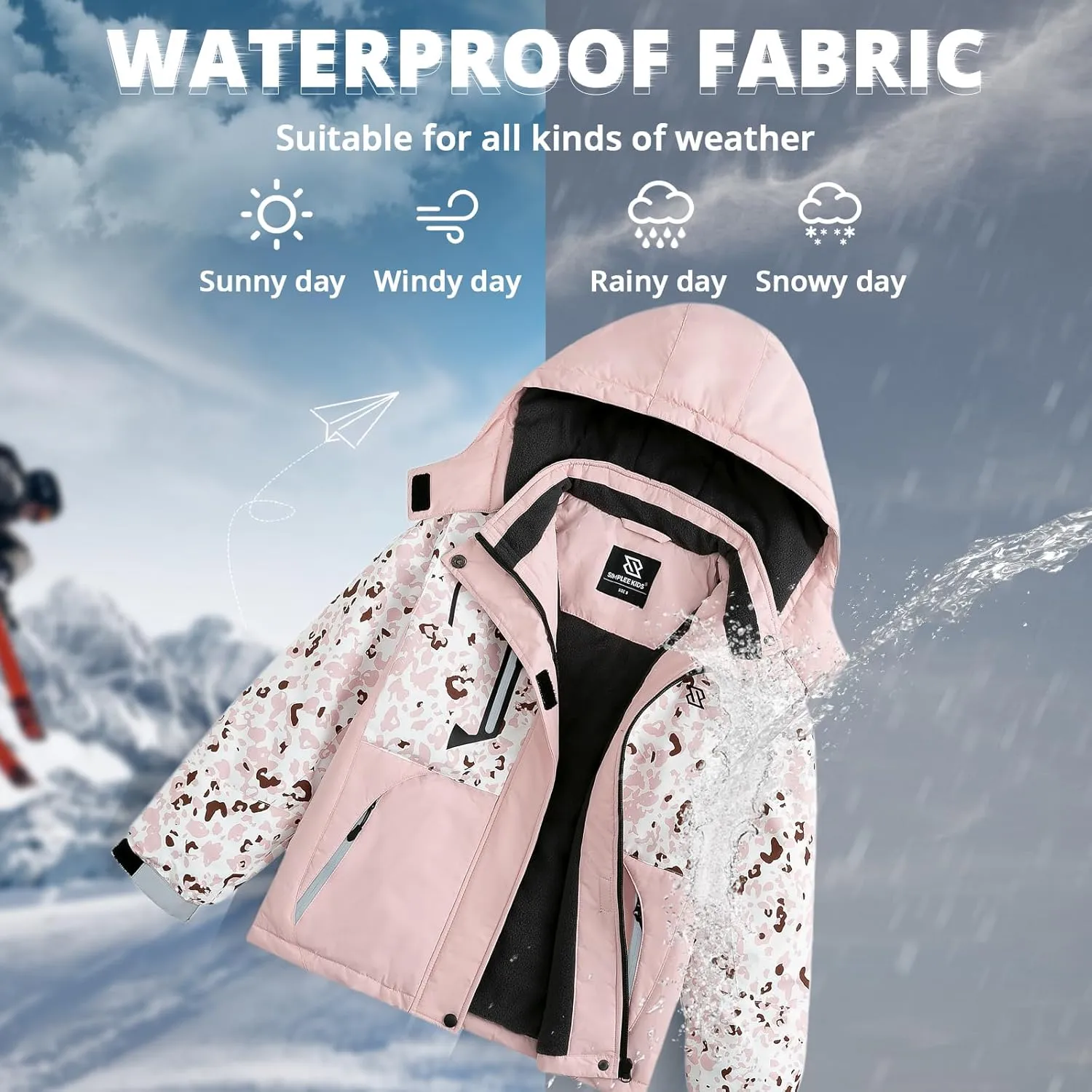 Simplee kids Girls Waterproof Ski Snow Jacket Fleece Colorful Winter Coat Warm Hooded
