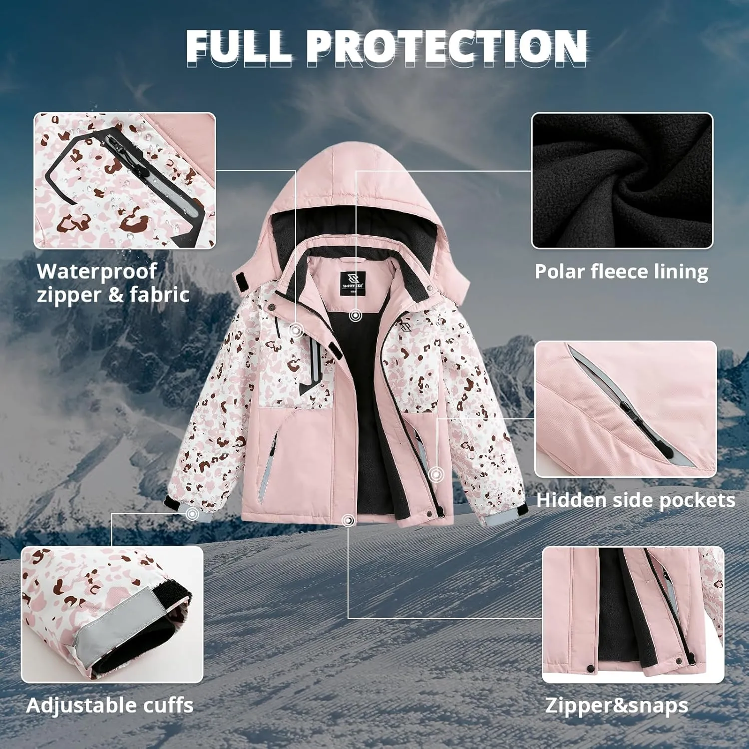 Simplee kids Girls Waterproof Ski Snow Jacket Fleece Colorful Winter Coat Warm Hooded