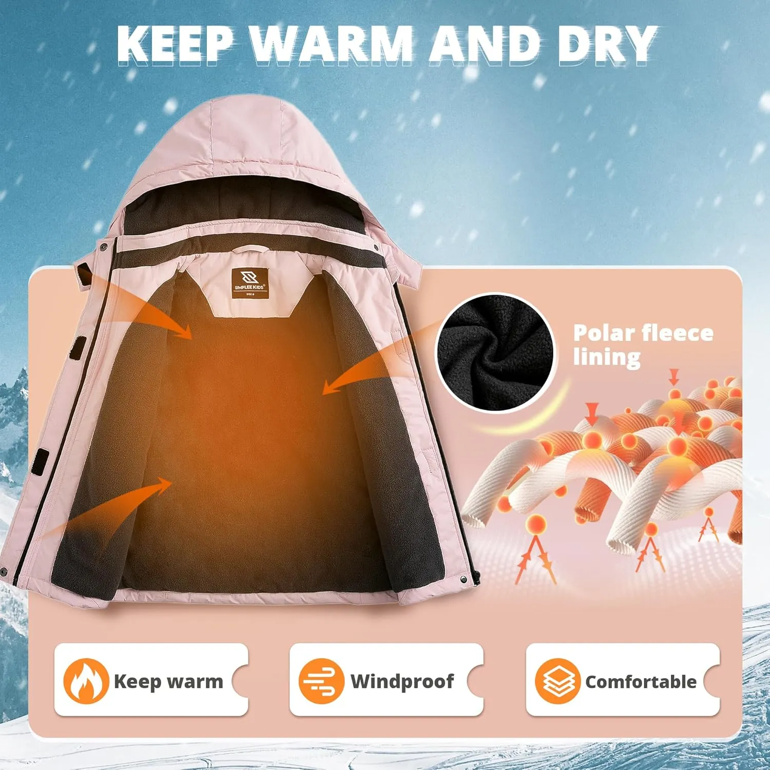 Simplee kids Girls Waterproof Ski Snow Jacket Fleece Colorful Winter Coat Warm Hooded