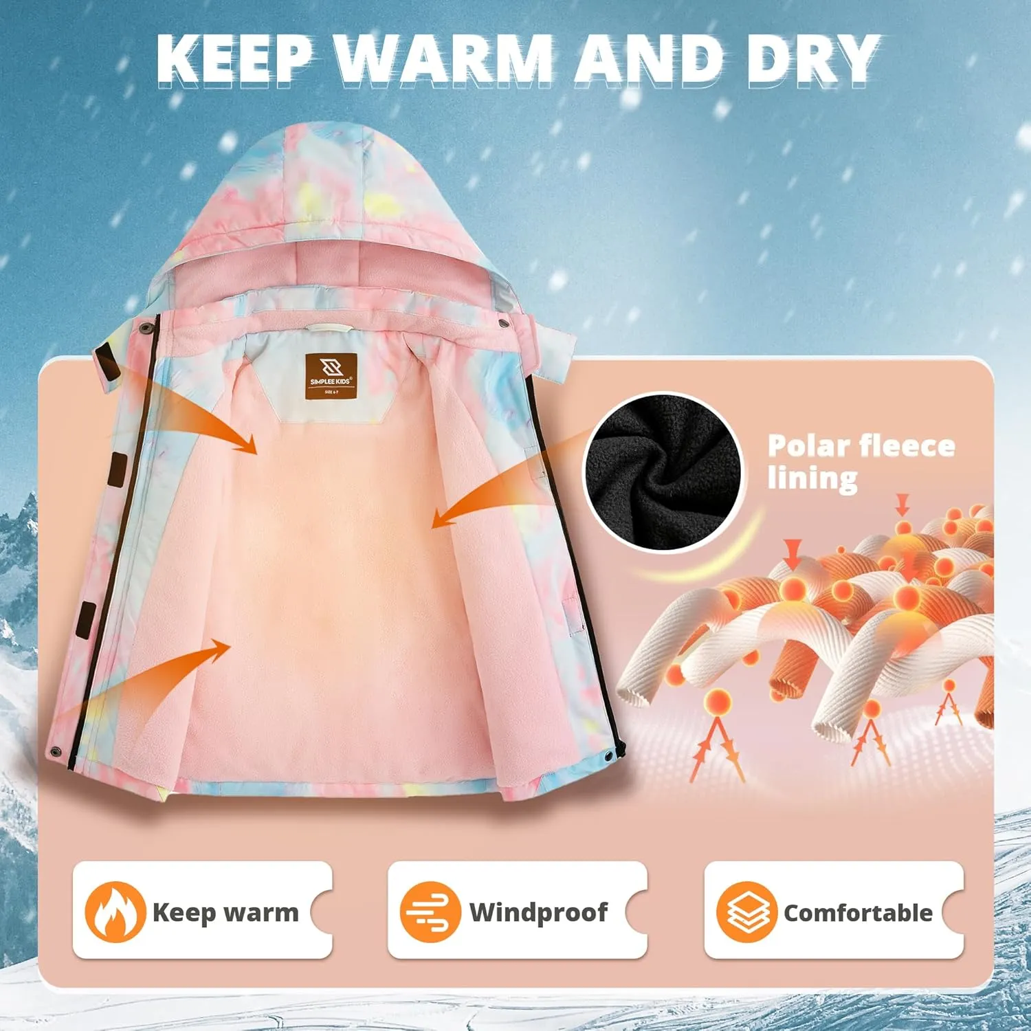 Simplee kids Girls Waterproof Ski Snow Jacket Fleece Raincoat Colorful Winter Coat Warm Hooded