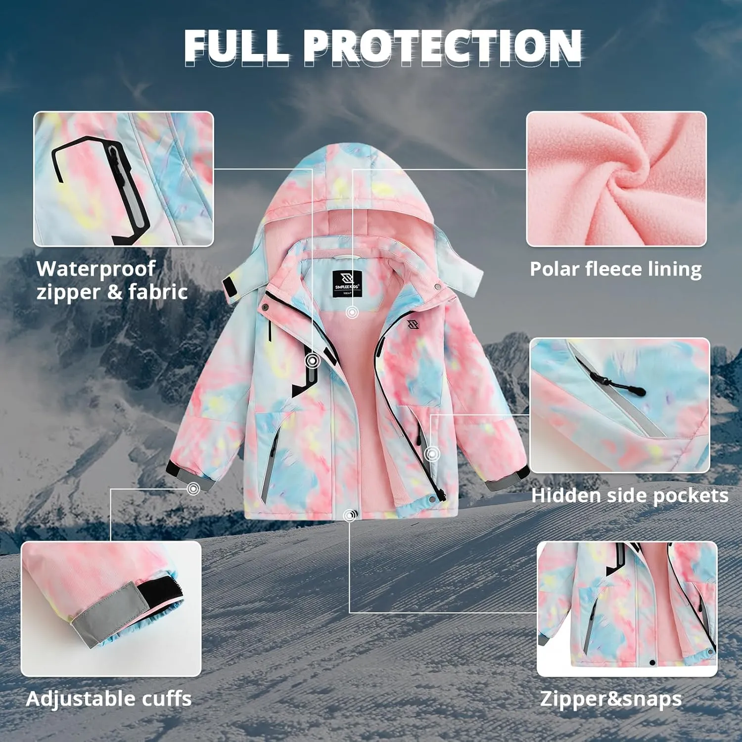 Simplee kids Girls Waterproof Ski Snow Jacket Fleece Raincoat Colorful Winter Coat Warm Hooded