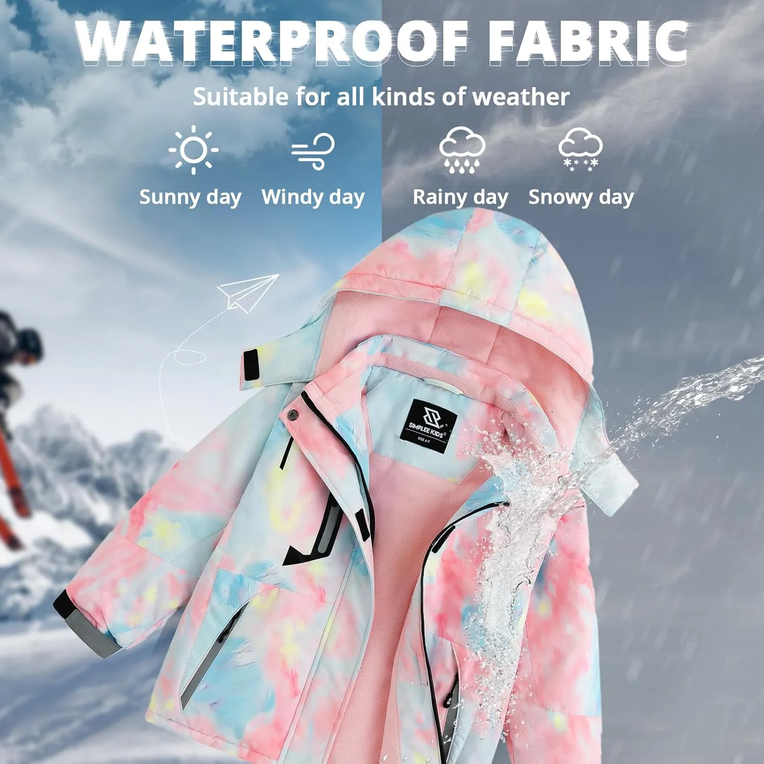Simplee kids Girls Waterproof Ski Snow Jacket Fleece Raincoat Colorful Winter Coat Warm Hooded