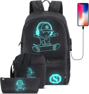 Skateboard Anime Luminous School Backpack with USB Charging Port, Anti Theft Lock, Sling Bag & Pencil Case for Teen Boys and Girls, College Bookbag Lightweight Laptop Bag, Black