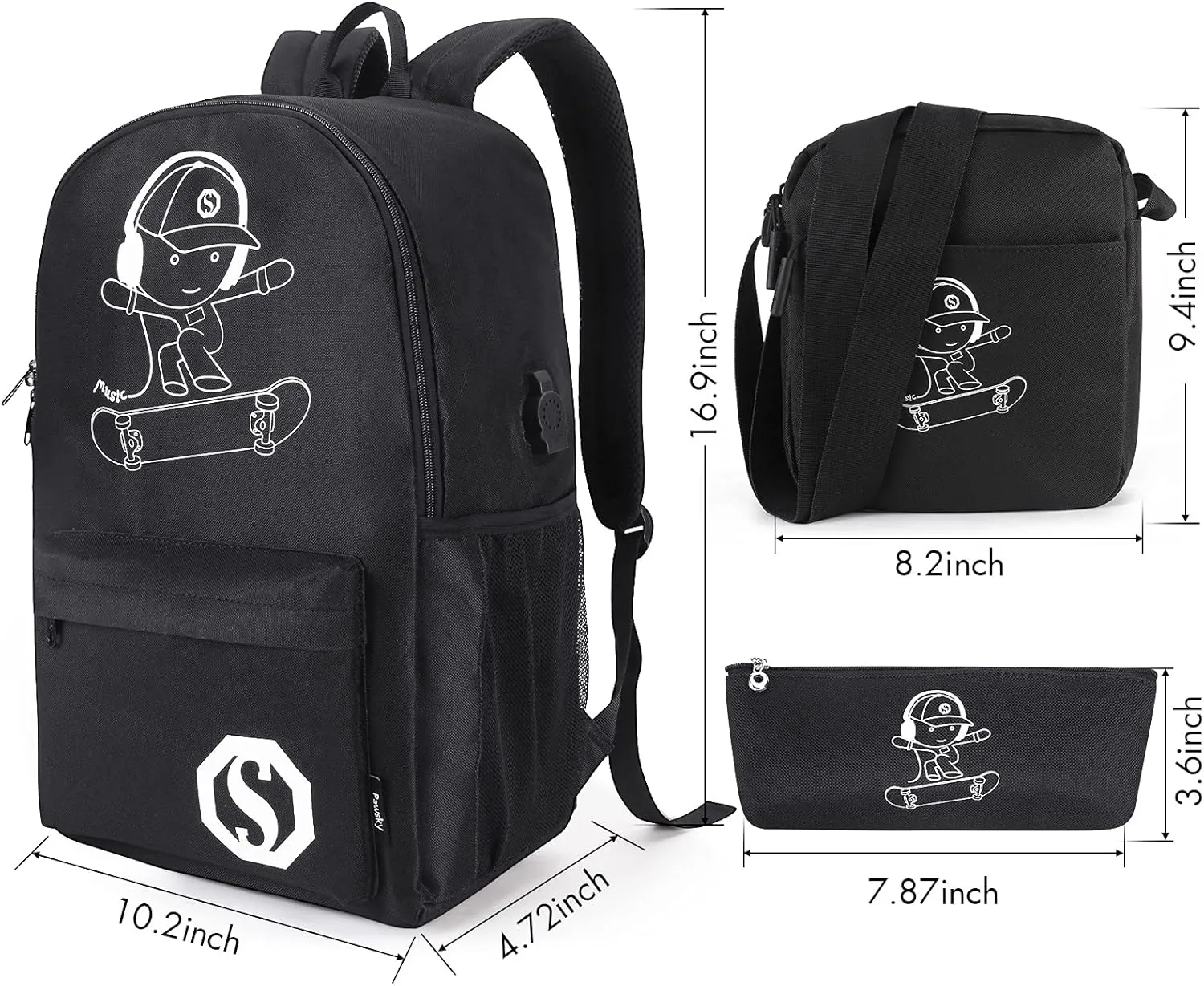 Skateboard Anime Luminous School Backpack with USB Charging Port, Anti Theft Lock, Sling Bag & Pencil Case for Teen Boys and Girls, College Bookbag Lightweight Laptop Bag, Black
