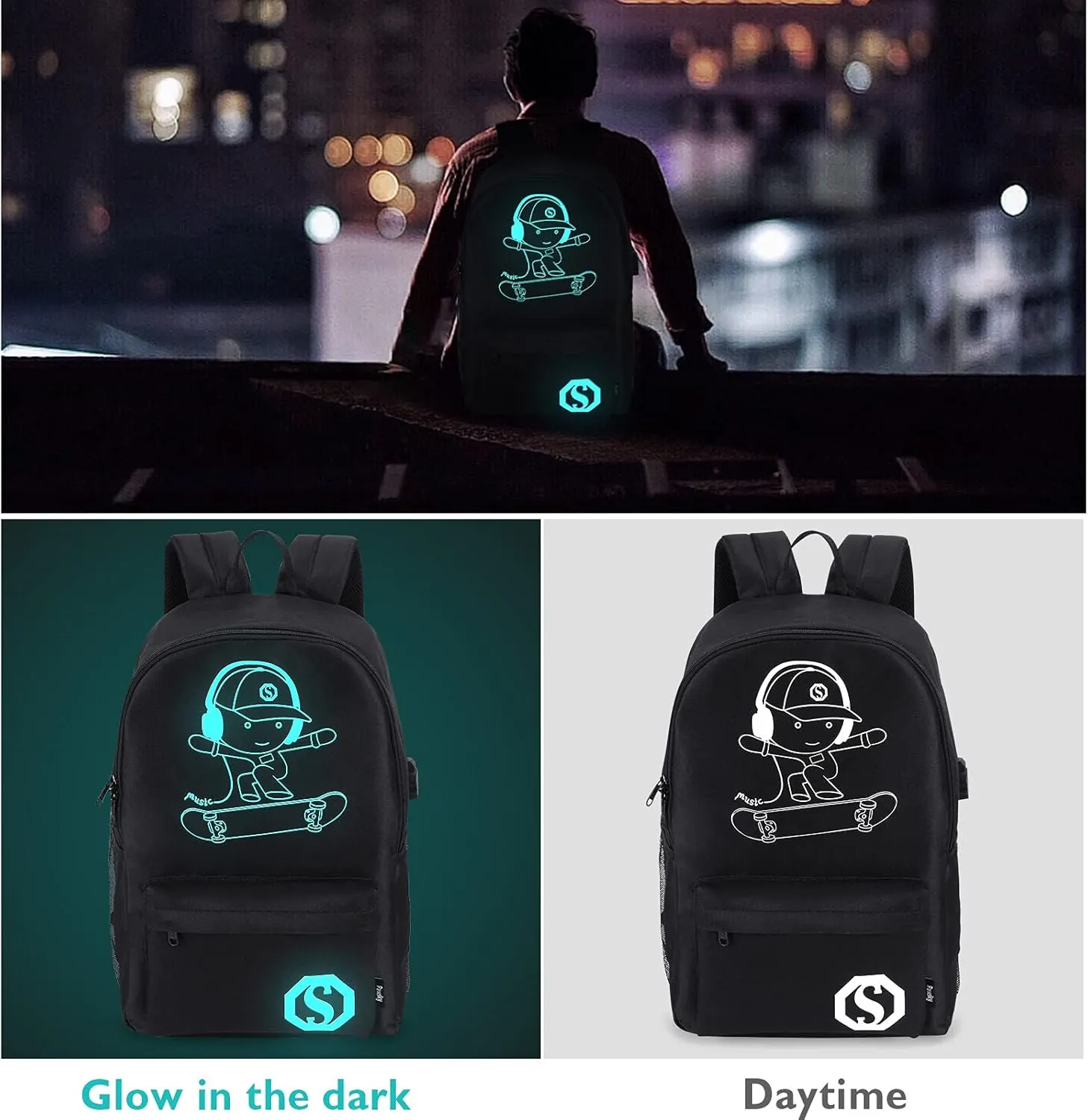 Skateboard Anime Luminous School Backpack with USB Charging Port, Anti Theft Lock, Sling Bag & Pencil Case for Teen Boys and Girls, College Bookbag Lightweight Laptop Bag, Black