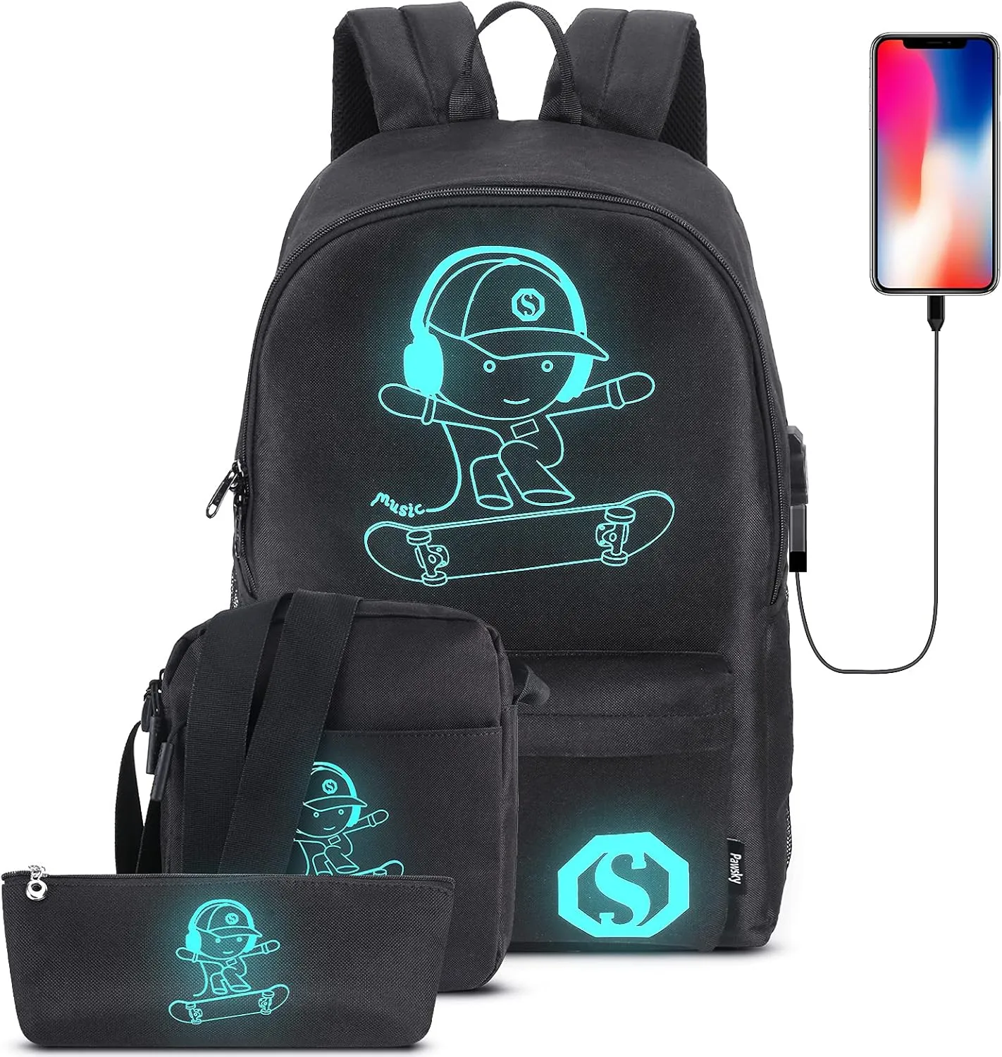 Skateboard Anime Luminous School Backpack with USB Charging Port, Anti Theft Lock, Sling Bag & Pencil Case for Teen Boys and Girls, College Bookbag Lightweight Laptop Bag, Black