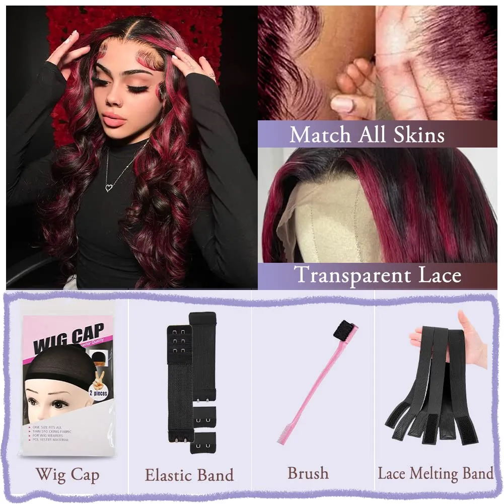 Skunk Stripe Wig Red With Black Highlights Body Wave Lace Front Wig Human Hair 13X4 HD Lace Front Wig Burgundy Colored Body Wave Wigs Pre Plucked With Baby Hair 150% Density Natural Hairline 16inch