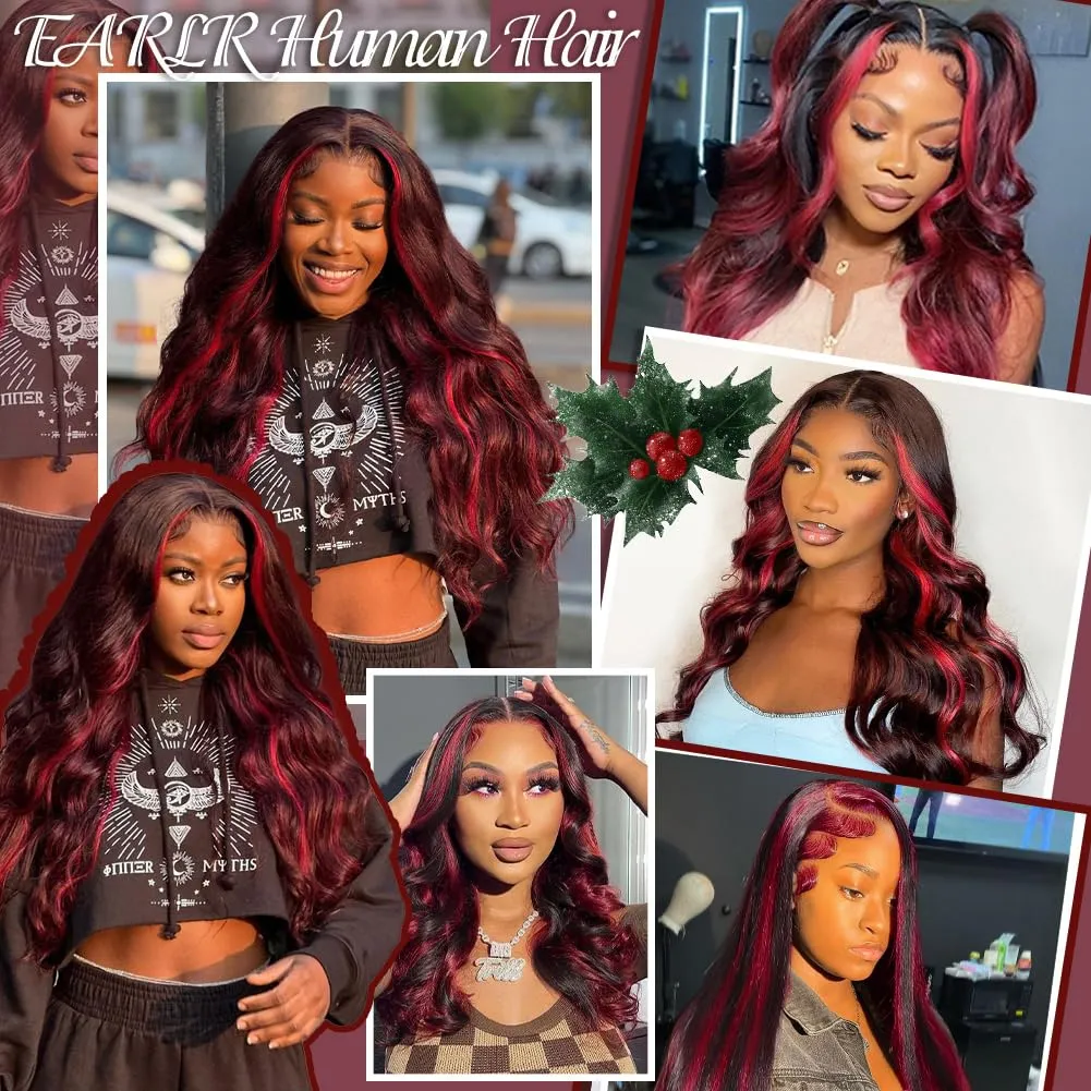 Skunk Stripe Wig Red With Black Highlights Body Wave Lace Front Wig Human Hair 13X4 HD Lace Front Wig Burgundy Colored Body Wave Wigs Pre Plucked With Baby Hair 150% Density Natural Hairline 16inch