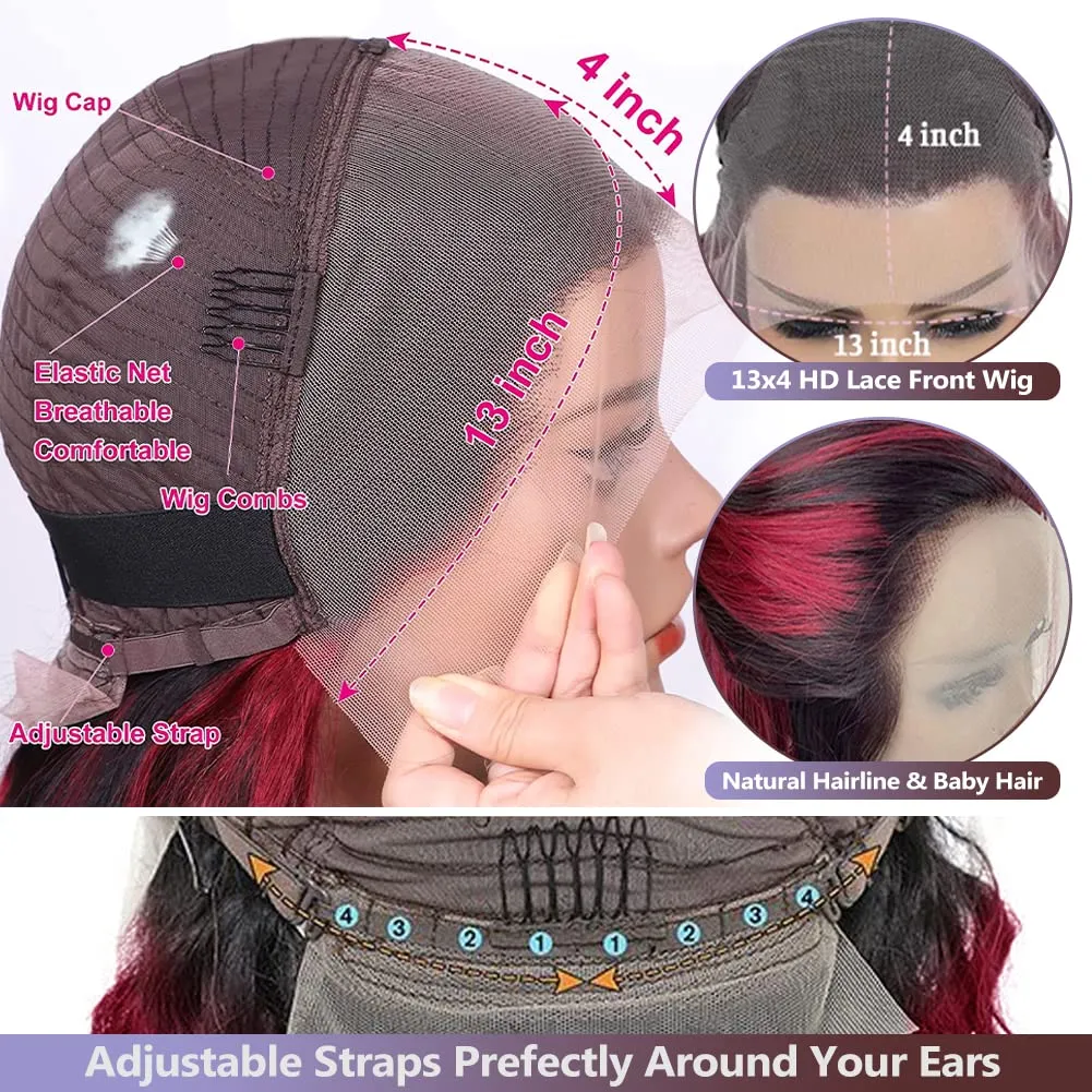 Skunk Stripe Wig Red With Black Highlights Body Wave Lace Front Wig Human Hair 13X4 HD Lace Front Wig Burgundy Colored Body Wave Wigs Pre Plucked With Baby Hair 150% Density Natural Hairline 16inch