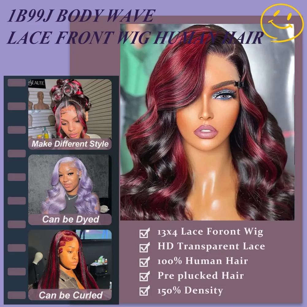 Skunk Stripe Wig Red With Black Highlights Body Wave Lace Front Wig Human Hair 13X4 HD Lace Front Wig Burgundy Colored Body Wave Wigs Pre Plucked With Baby Hair 150% Density Natural Hairline 16inch