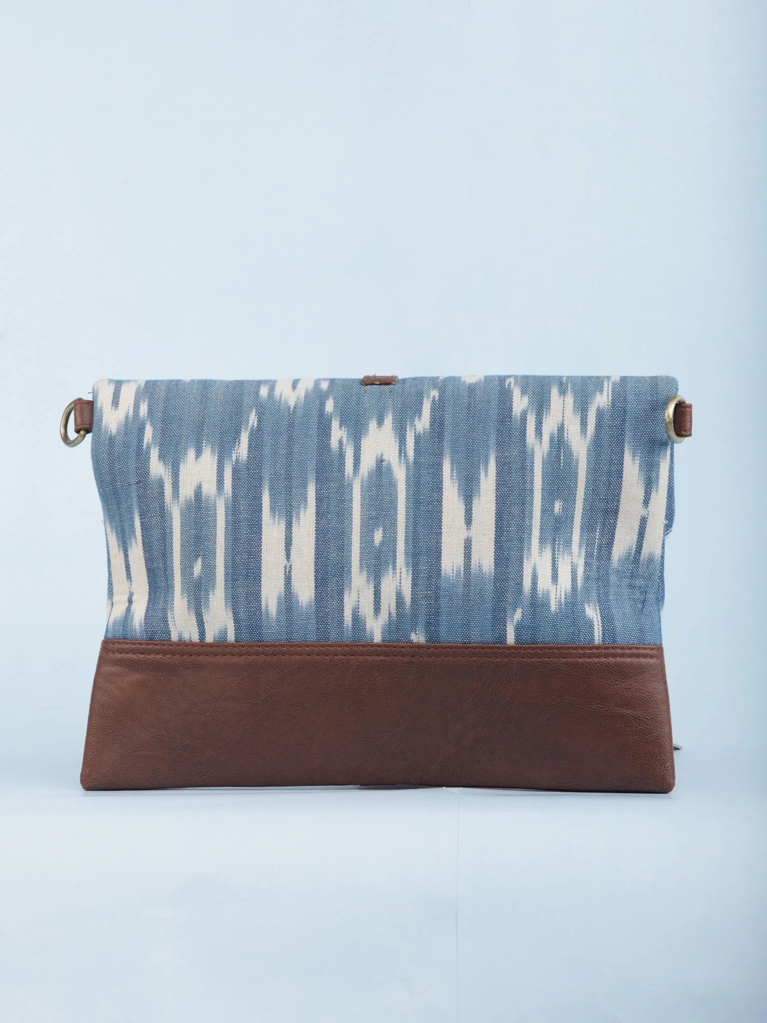 Sky Blue OffWhite Ikat & Vegan Leather Fold Over Sling Bag - B1301
