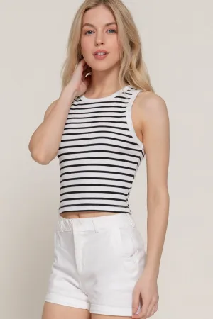 Sleeveless Round Neck Stripe Cotton Rib Knit Top: BLK-off white/black