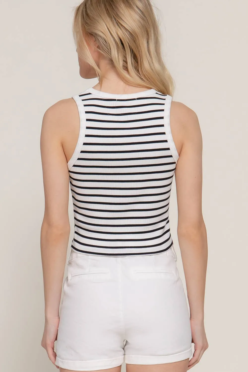 Sleeveless Round Neck Stripe Cotton Rib Knit Top: BLK-off white/black