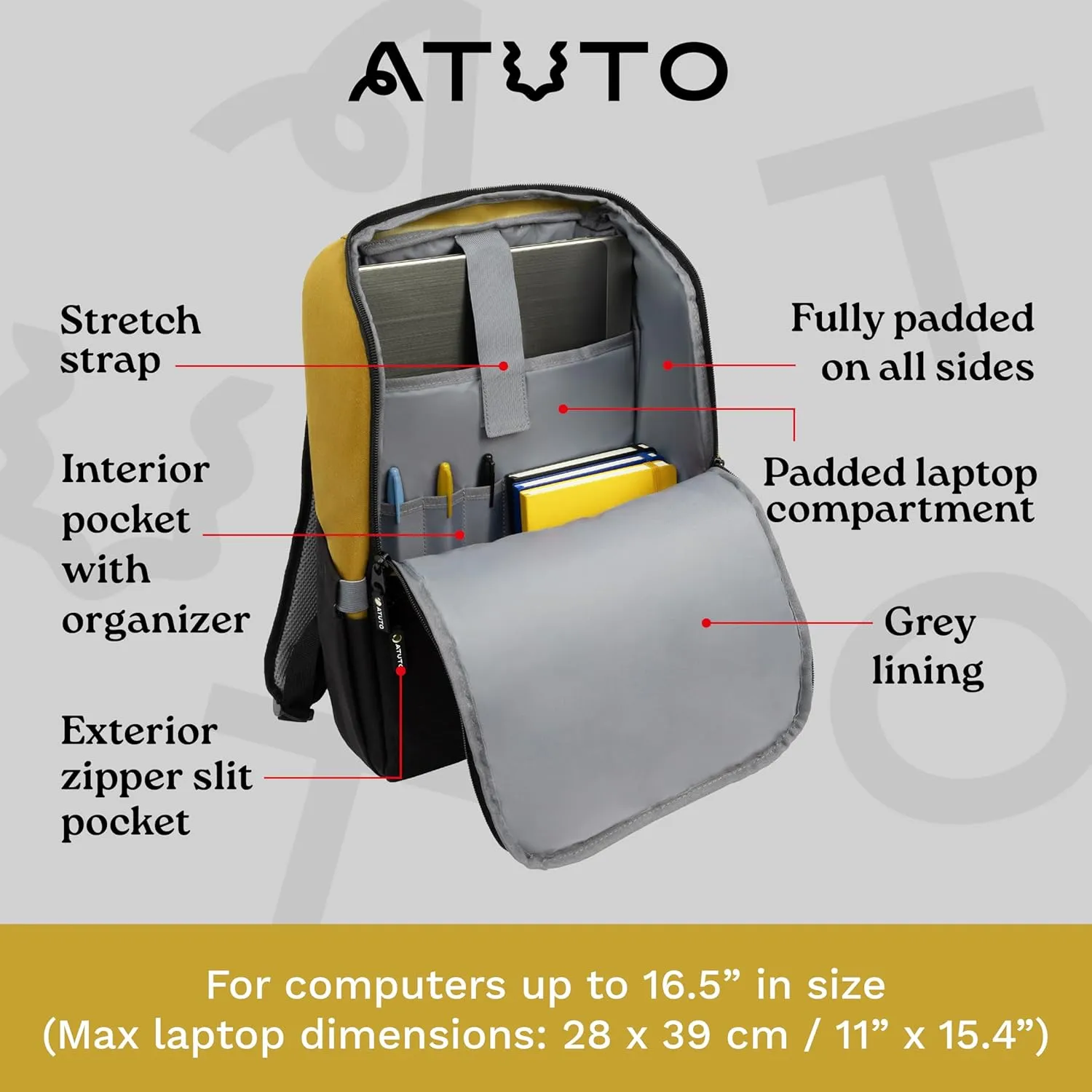 Slim Laptop Backpack for Men with 16 inch Laptop Compartment - Business Work Backpack for Men with Luggage Strap and Trolley Sleeve - Airflow Back, Fully Padded (Mustard)