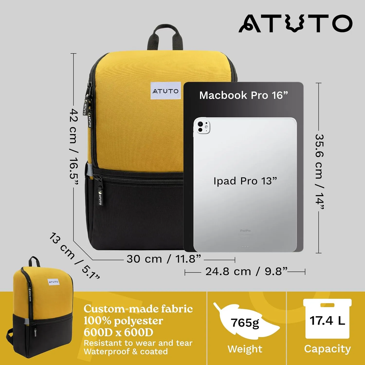 Slim Laptop Backpack for Men with 16 inch Laptop Compartment - Business Work Backpack for Men with Luggage Strap and Trolley Sleeve - Airflow Back, Fully Padded (Mustard)