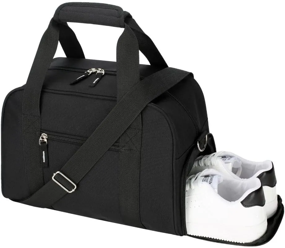 Small Gym Bag for Women & Men - 14 inch Mini Duffle Bag Weekender & Overnight with Shoe Compartment Travel, Sports, Workout, for Black