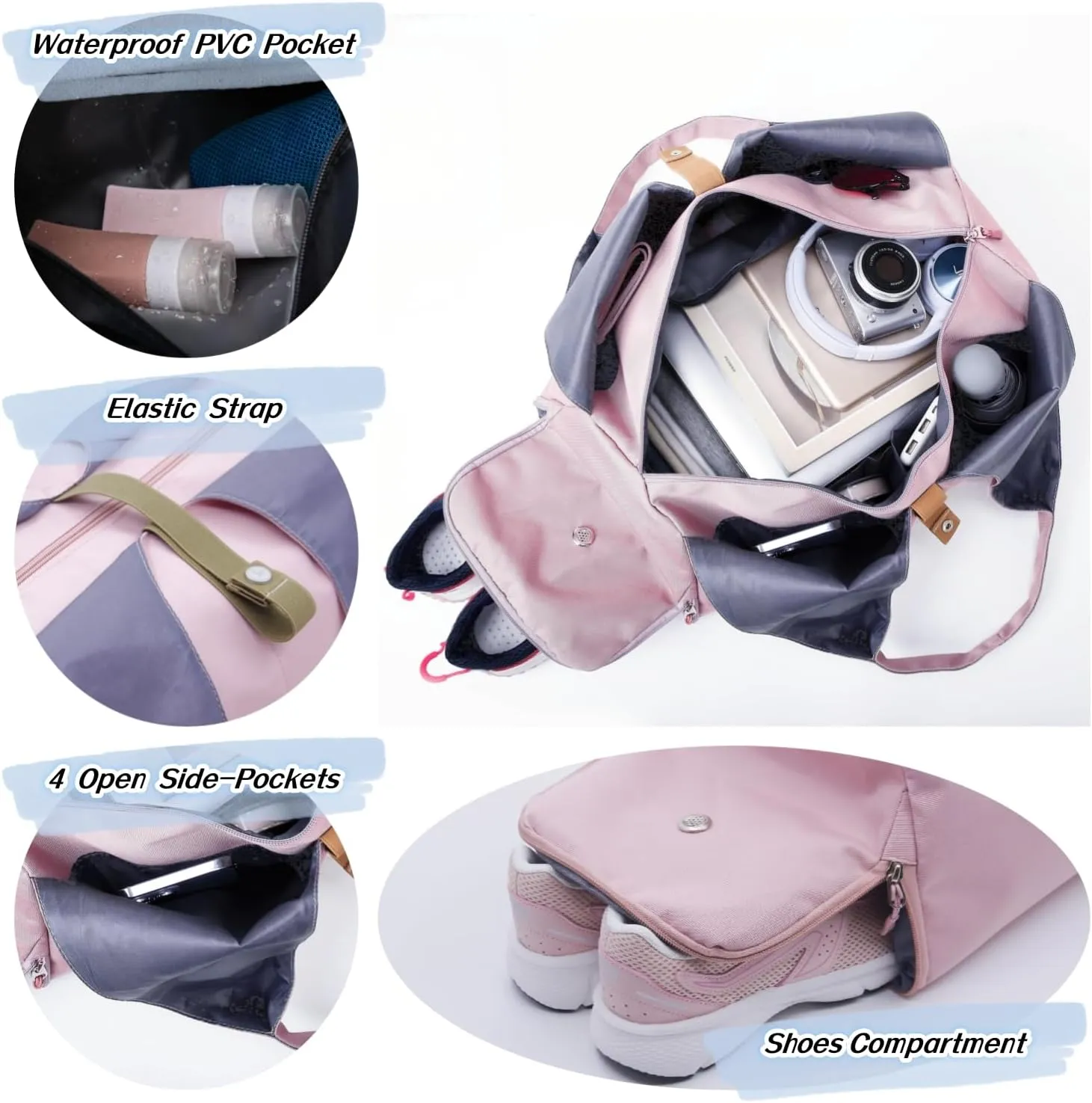 Small Gym Bag for Women with Shoe Compartment & Wet Pocket Sports Travel Duffel Bag,Yoga Gym Totes With Mat Holder,Waterproof Carry On Weekender Overnight Bag (Pink)
