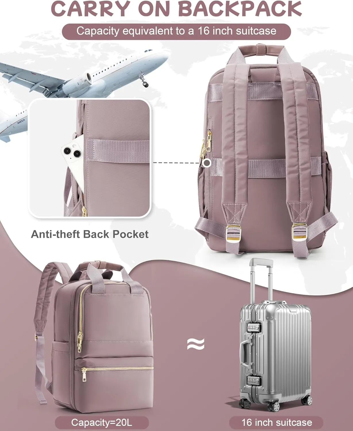 Small Travel Backpack For Women Travel Backpack Carry On Flight Approved Carry On Backpack Personal Item Travel Bag Laptop Teacher Backpack Work Backpack For Traveling On Airplane Pink Purple
