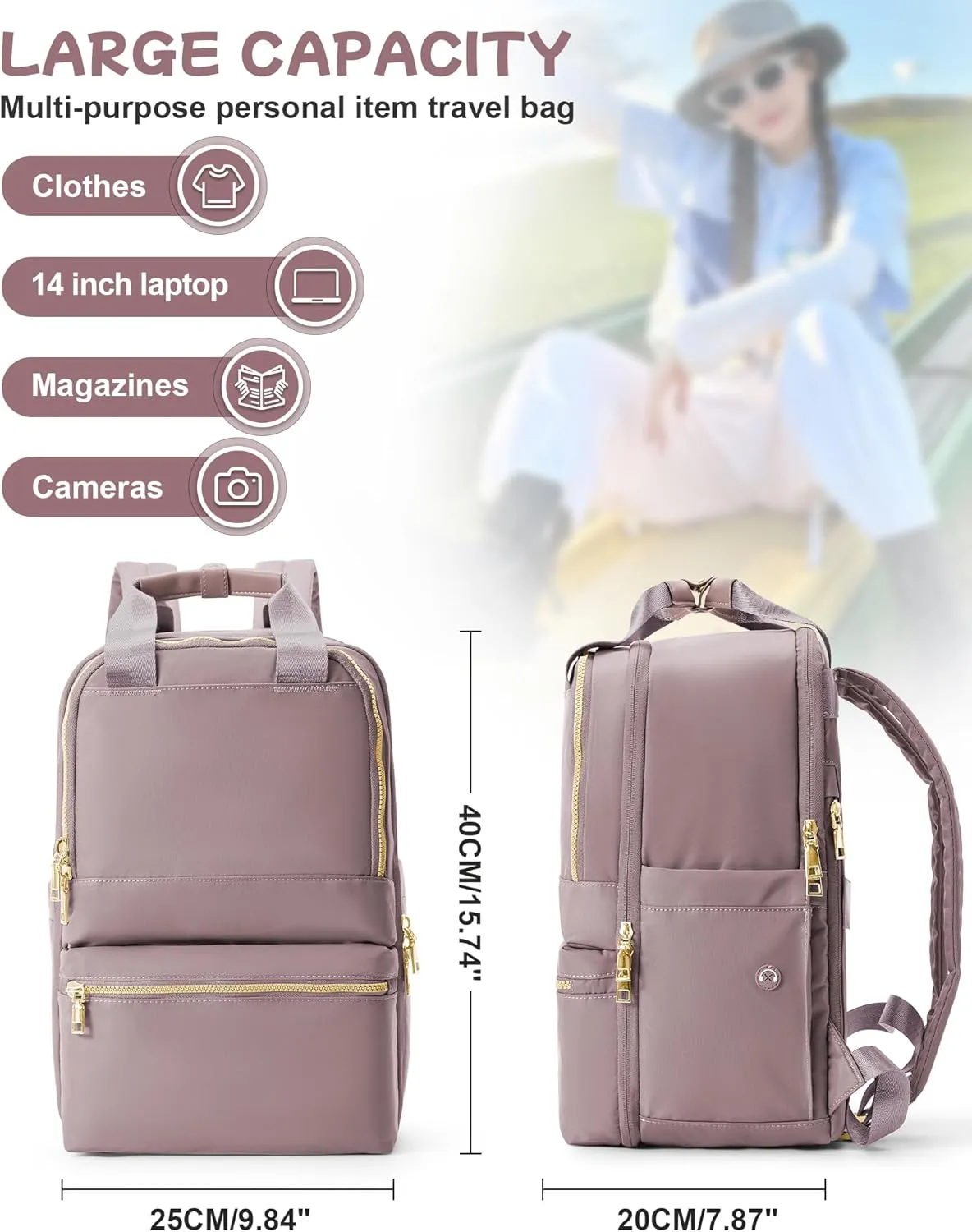 Small Travel Backpack For Women Travel Backpack Carry On Flight Approved Carry On Backpack Personal Item Travel Bag Laptop Teacher Backpack Work Backpack For Traveling On Airplane Pink Purple