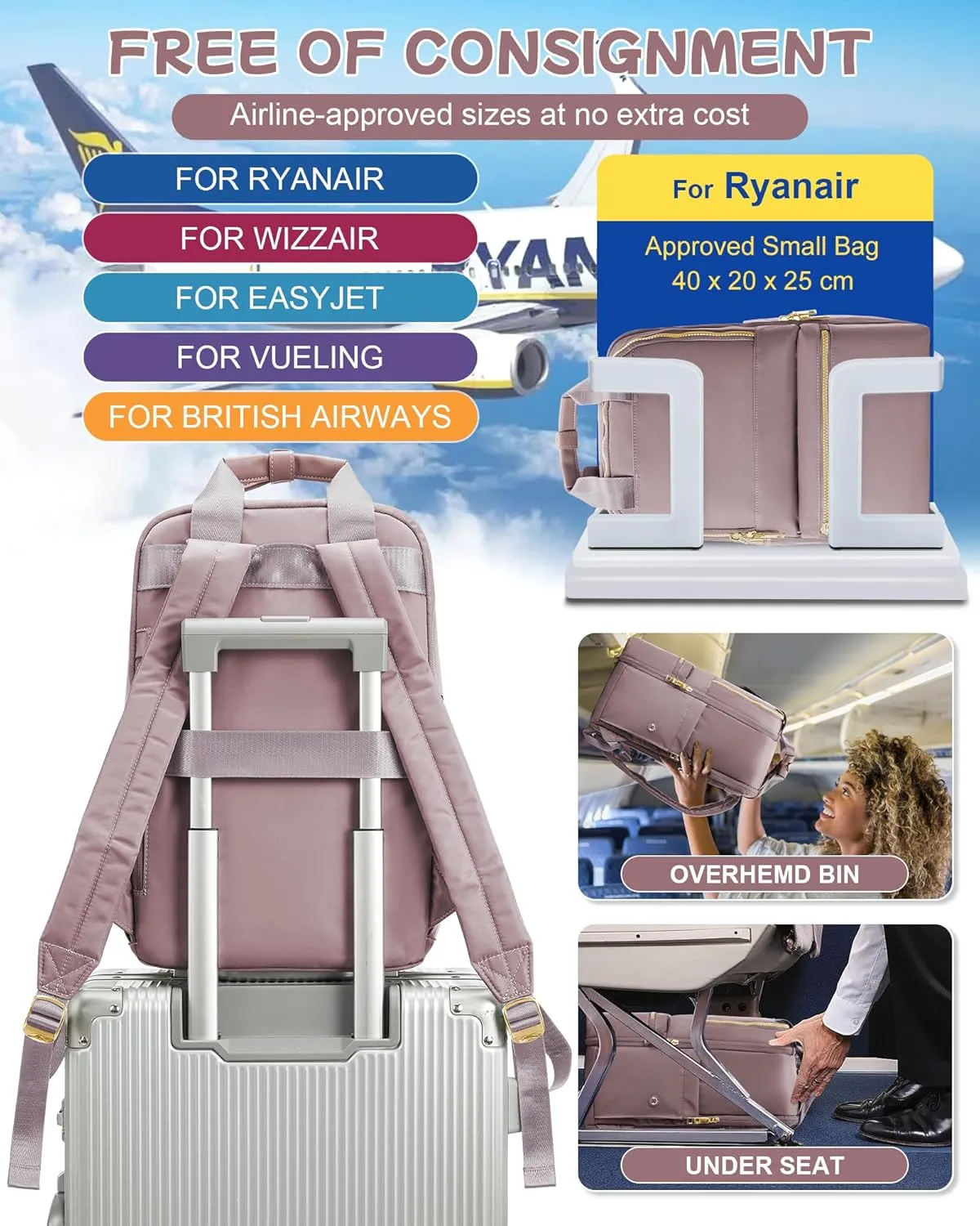 Small Travel Backpack For Women Travel Backpack Carry On Flight Approved Carry On Backpack Personal Item Travel Bag Laptop Teacher Backpack Work Backpack For Traveling On Airplane Pink Purple