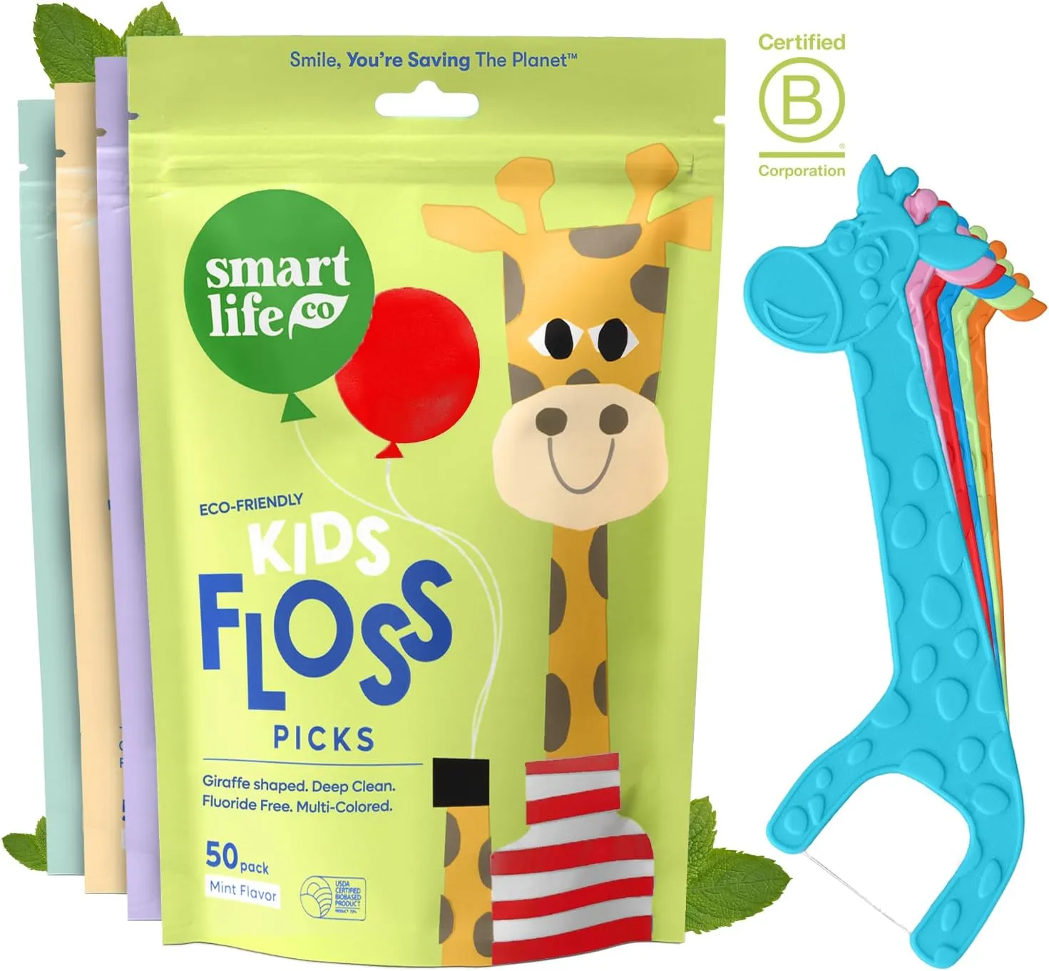 SmartLifeco Biodegradable Kids Flossers - Fluoride Free & Plant Based | Eco Friendly Dental Floss Picks for Children | Fun Animal Flossing Sticks for Toddlers Teeth | Compostable (100 Pack, Mint)