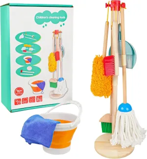 SMILESSKIDDO Kids Cleaning Toy Set - 9 Piece Wooden Set for Toddlers, Includes Broom, Mop, Bucket, Cloth and Stand