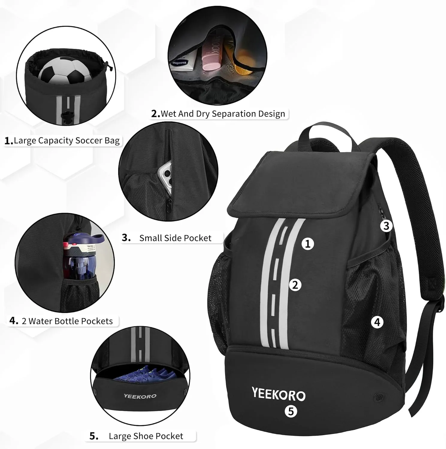 Soccer Backpack Multifunctional Sport Gym Bags with Dry-wet Separate & Shoe Compartment for Basketball Volleyball