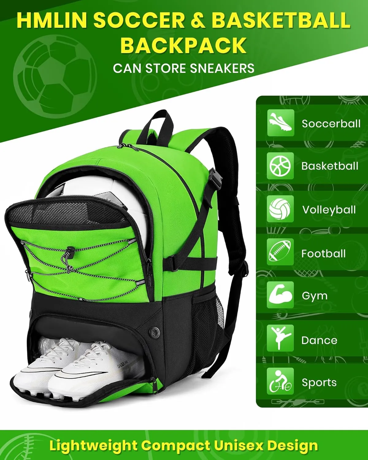 Soccer Backpack with Ball Holder &Soccer bag With Shoe Compartment, Water-Resistant Sports Bag for Soccer, Basketball, Football, Volleyball