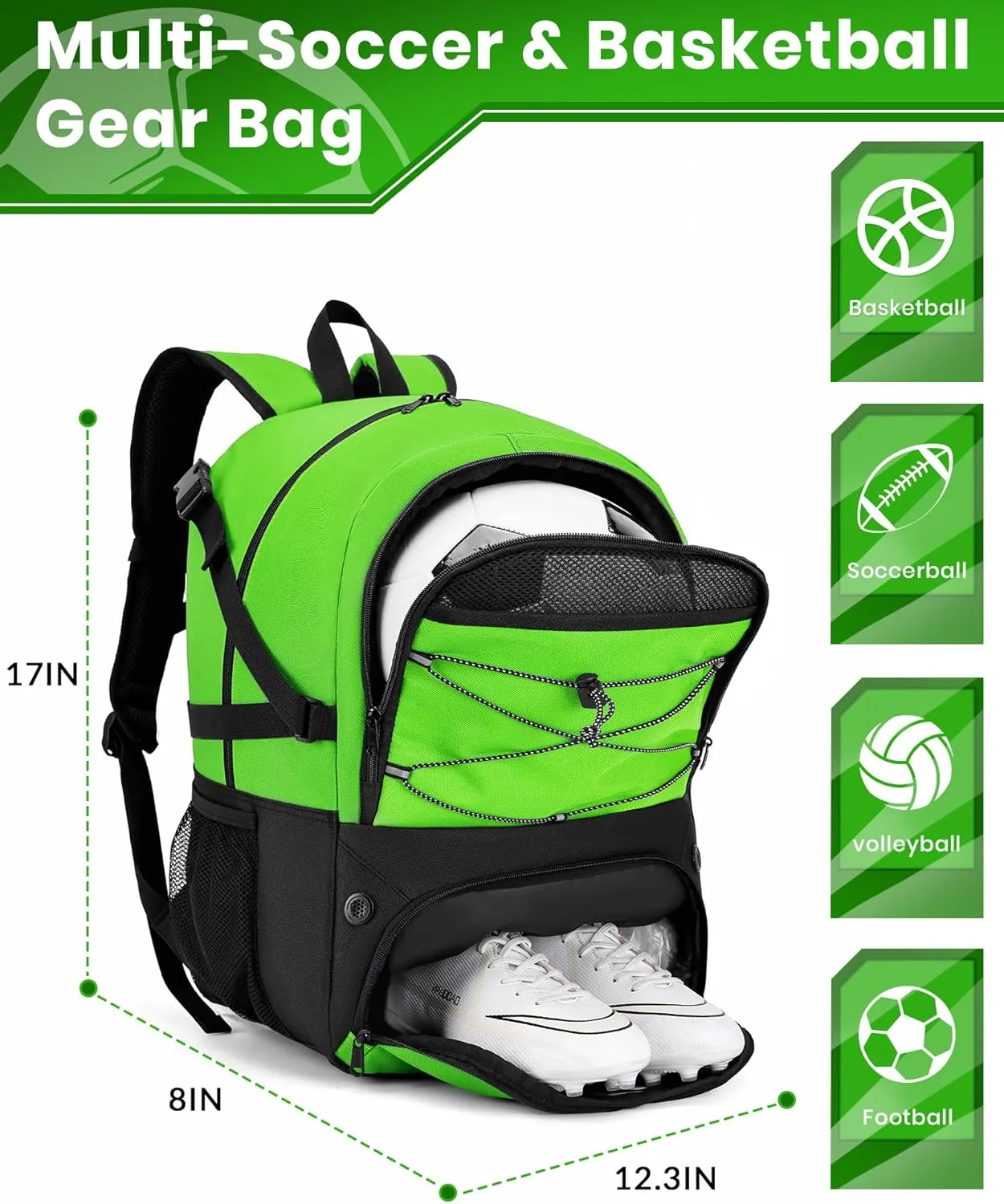 Soccer Backpack with Ball Holder &Soccer bag With Shoe Compartment, Water-Resistant Sports Bag for Soccer, Basketball, Football, Volleyball